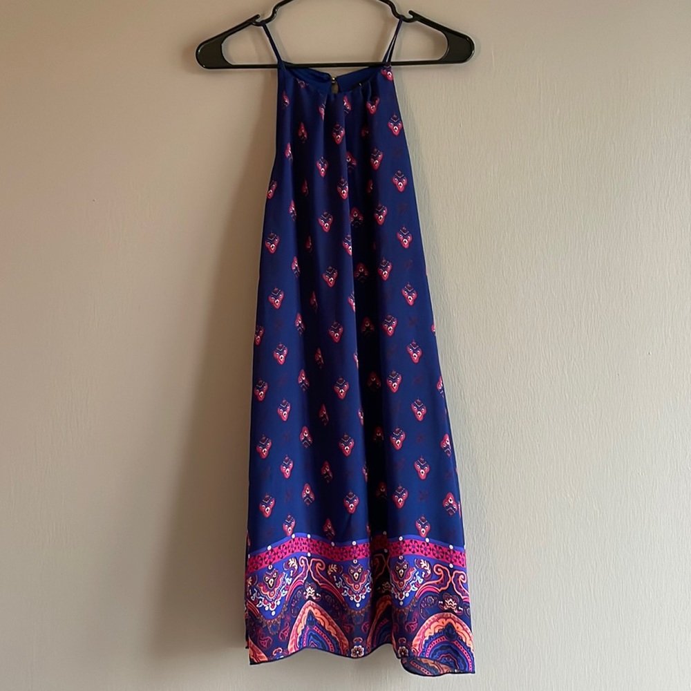 Indigo Dress with pink and orange pattern